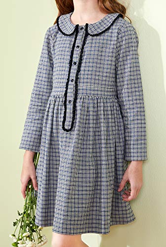 Image of SOLOCOTE Girls Plaid Dress Cotton Casual Spring Long Sleeve Dresses Peter Pan Collar 3-14Y