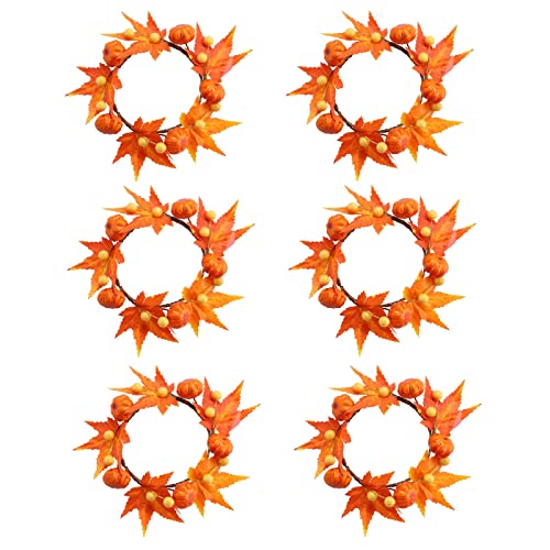 RXMORI 6PCS Fall Candle Rings Wreaths,Halloween Pumpkin Maple Leaf Candle Holder Rings with Berries,Articial Candle Ring for Thanksgiving Halloween Table Decor