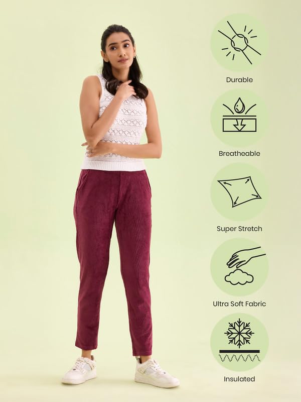 Image of GO COLORS Solid Corduroy Treggings for Women | Warmtech, Mid Rise, Side Pocket