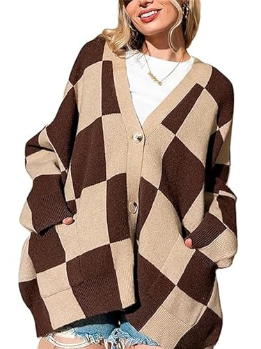 Image of SANSIWU Womens Color Block Plaid Button Down Cardigan Long Sleeve Button Open Front Oversized Knit Tops Fall Winter Y2k Outfits (Light Brown, ONE Size)
