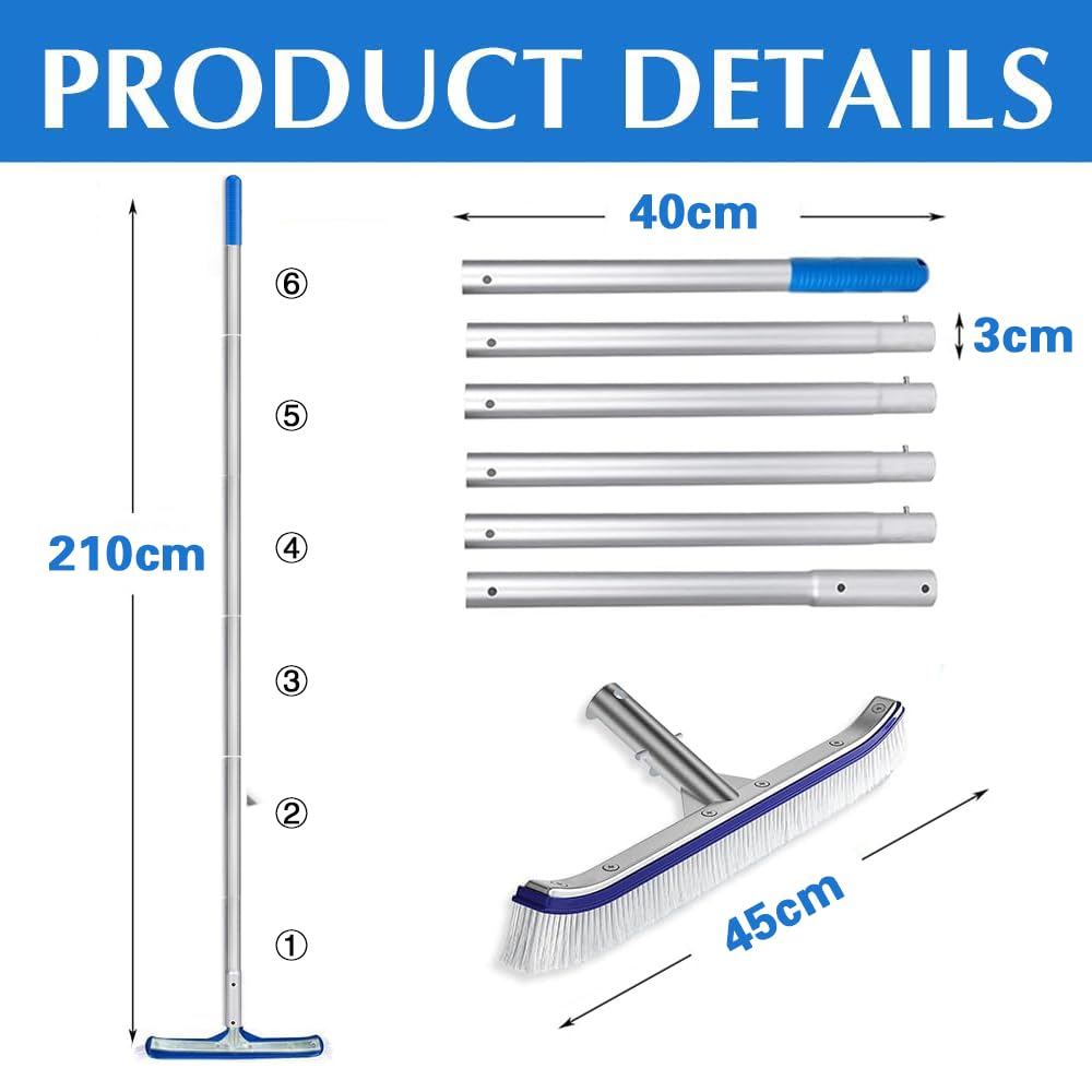 Brosse Robuste de nettoyage de piscine, 43 cm, tige aluminium réglable, extrémités rondes (bleu