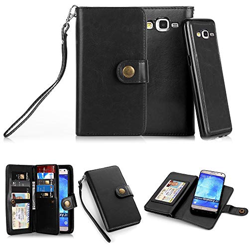 TabPow Galaxy J7 Case, 10 Card Slot - ID Slot, Button Wallet Folio PU Leather Case Cover with Detachable Magnetic Hard Case for Samsung Galaxy J7 J700 (2015) - Black