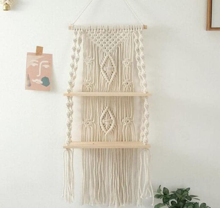 Image of Aain Macrame Wall Hanging Shelf Balcony Hangers |118| Pine Wooden Plank Bohemian Style Hand Cotton Cord with Set of 2 Shelves for Flower Plants |Living Room | Bathroom Beige, L 75 x 30 W