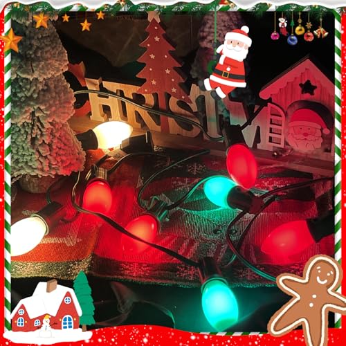 Image of C9 Red White and Green Christmas Lights Outdoor, 25Ft Vintage Christmas String Lights with 26 Multicolor Ceramic Bulbs, Hanging Christmas Decorations Lights Waterproof for Holidays Roofline Party