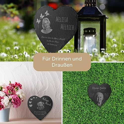 Grabplatte Grabstein Herz aus Schiefer mit Bild Gravur für Menschen bis 25x25 cm - Großer Gedenkstein mit Foto & vielen Motiven - Gravierte Gedenktafel als Grabschmuck Grabdeko personalisiert