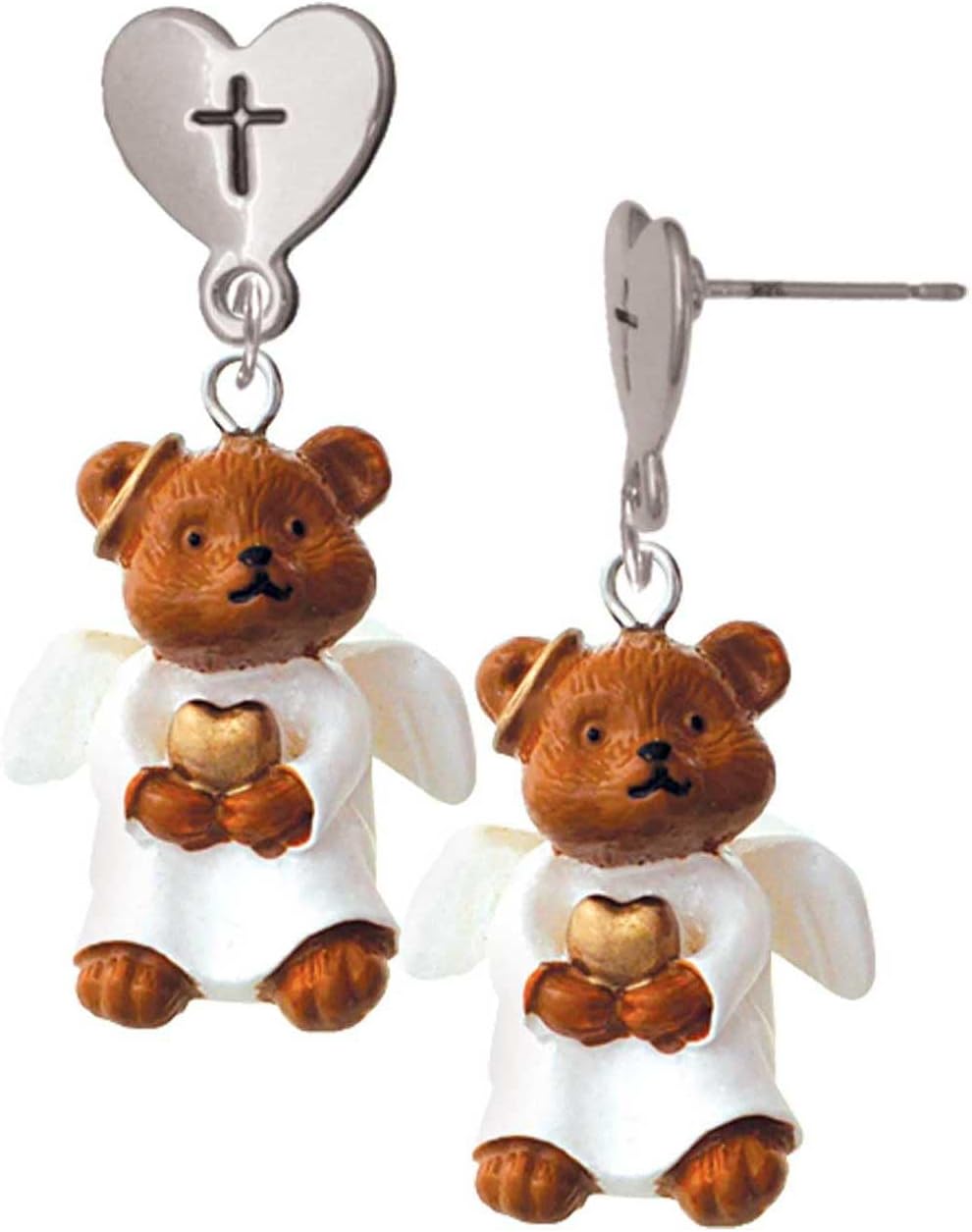 Delight Jewelry Resin Angel Bear Silvertone Cross in Heart Post Dangle Earrings