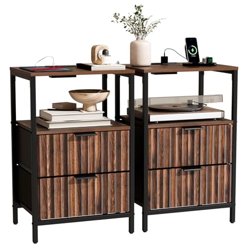 Bonnlo Bedside Table with Charging Station, Grille Nightstand with USB, Type-C and Plug, Small End Tables with 1 Shelf, 2 Fabric Drawers and Cabinet,38×30×60cm Bedside Cabinet (2, Dark Walnut)