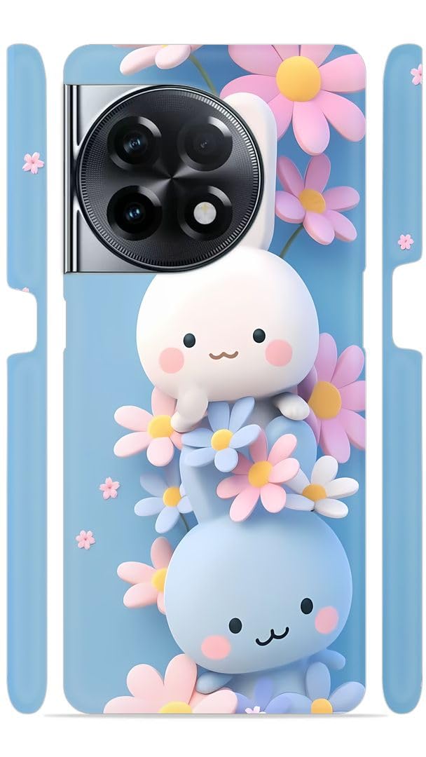 YAPZONE White n Blue Bunny Flowers Designer Printed Hard Back Cover for Oneplus 11R 5G Attractive and Uniquely Crafted Smartphone Case