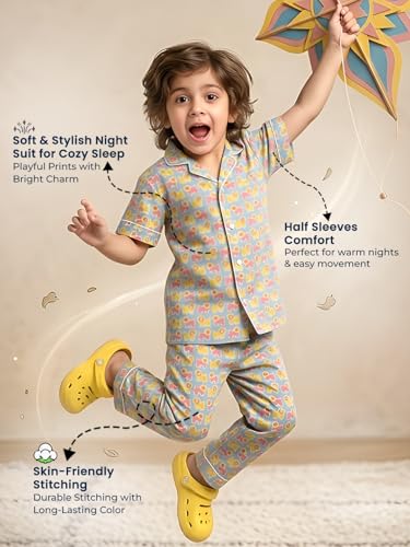 Image of POLKA TOTS 100% Pure Cotton Half Sleeve Night Suit for Kids, Girls & Boys | Cotton Pyjama Set | Unisex Night Dress for Children | Night Suit for Girls |Sleepwear for Kids | Winter Night Dress for Boys