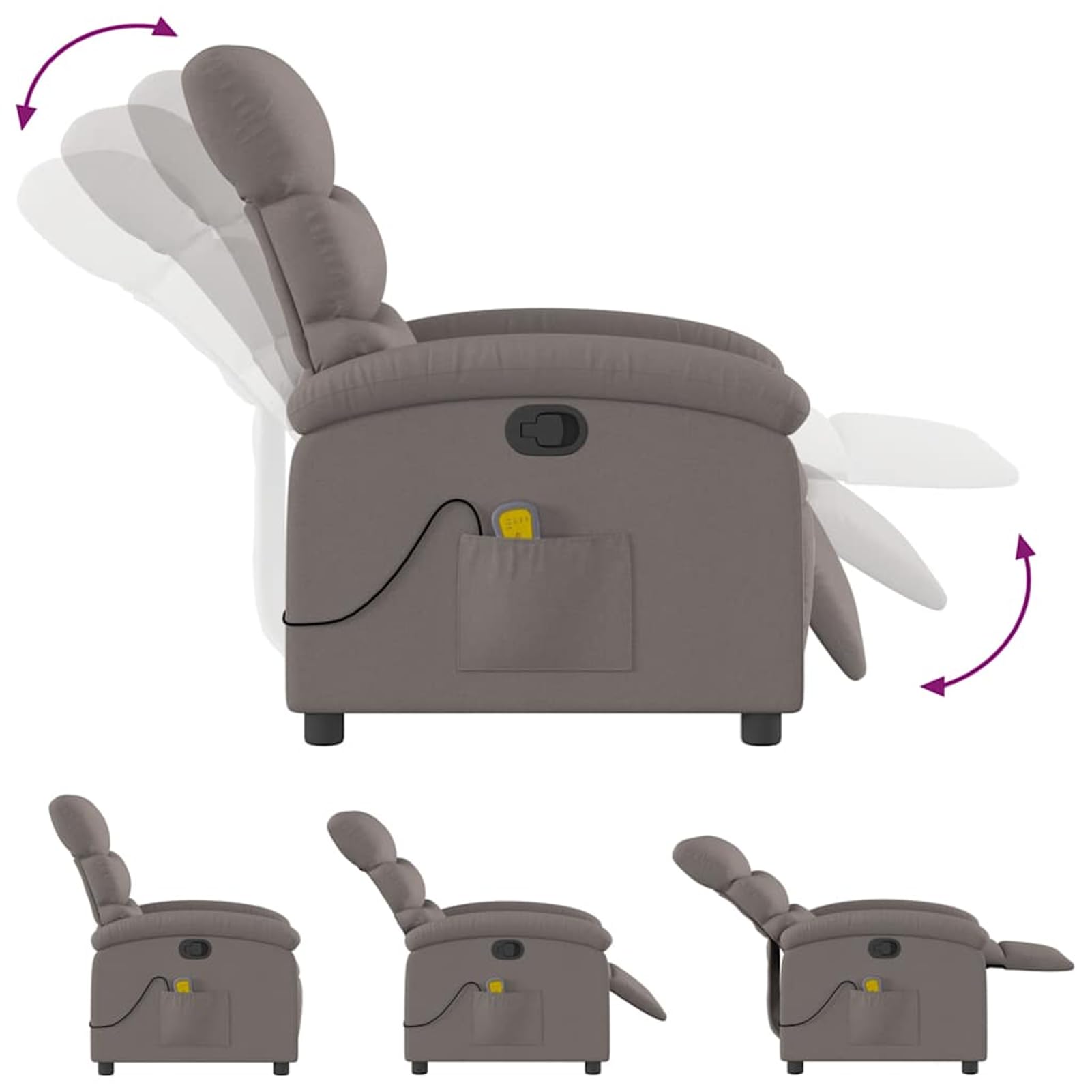 Fotel do masażu z funkcją masażu, kolor taupe – ergonomiczny fotel relaksacyjny, obicie z materiału, pozycja siedząca 70 x 92 x 99,5 cm/pozycja leżenia 70 x 147 x 80 cm, dla dorosłych