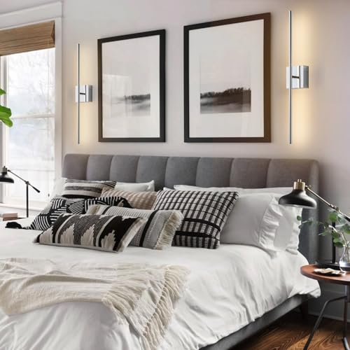 Image of KARTOOSH 32.2 Inch Wall Sconces Battery Operated for Living Room Chrome | Rechargeable Wireless Wall Lamp Set of 2, 3000K Warm White Dimmable Wall Light Remote Control Indoor Lighting for Bedroom