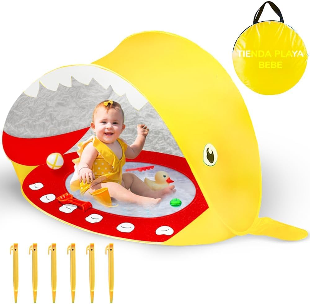 DeFieltro Tienda Playa Bebe UV 50 Protectora - Cortavientos Playa de Tiburón Divertido con Piscina - Carpa Playa Bebe Plegable y Visible - Iglu con Sombrilla y Paravientos - Fácil Instalación