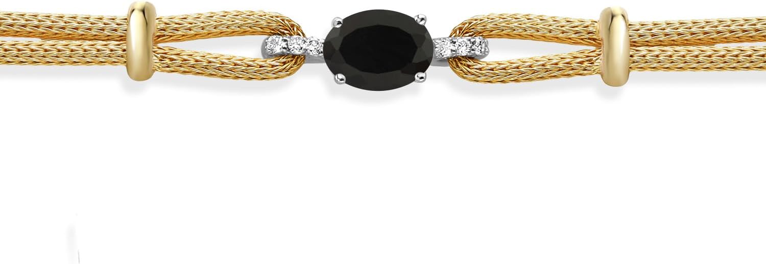 Gem Stone King 925 Two Tone Sterling Silver Black Onyx & White Lab Grown Diamond Bracelet For Women | 1.64 Cttw | Gemstone Birthstone | Oval 8X6MM | 6.5/7/7.5 Inches, Made In Italy