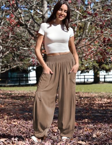 Image of TARSE Women's Linen Wide Leg Pants Baggy High Waist Palazzo Pants