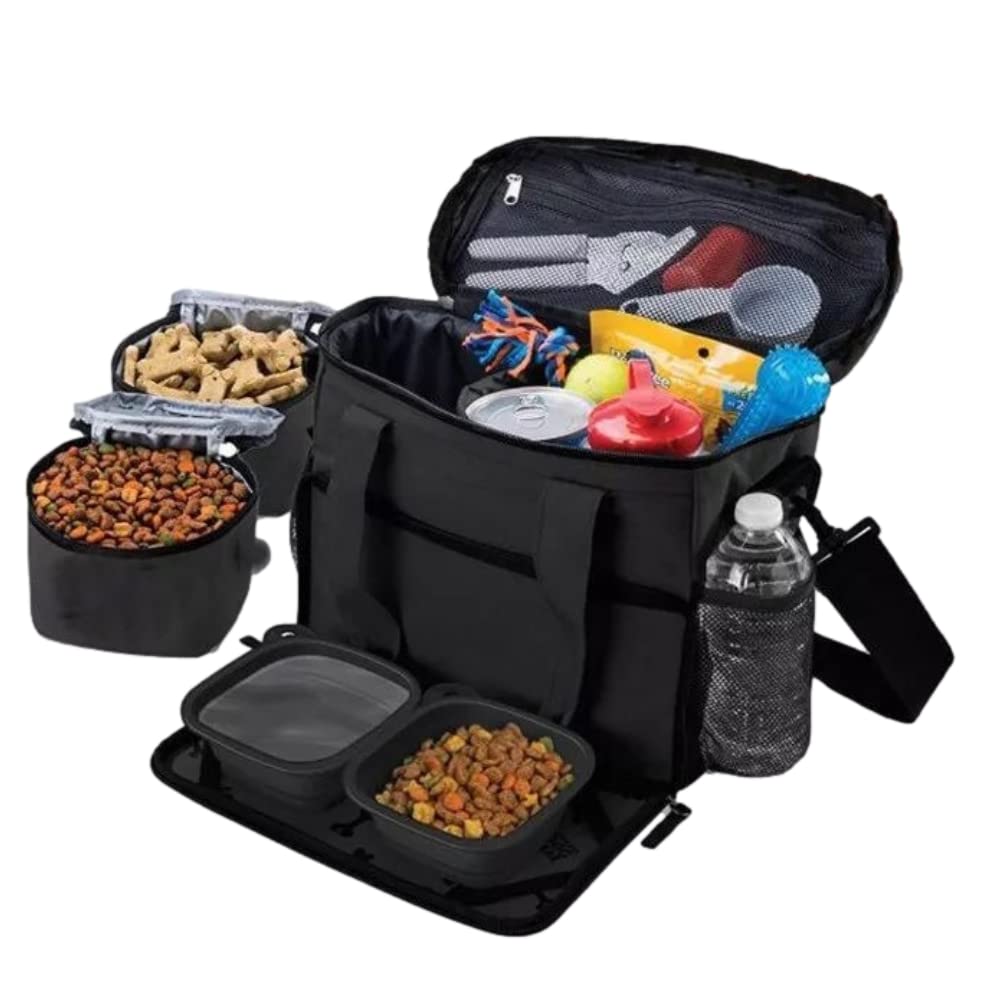 Dog Travel Bag Pet Multi-Use Dog Outdoor Bag with Locking Safety Zippers, Food and Accessory Overnight Black Carrier Bag for Traveling For Dogs, Cats & Pets Includes Bowls, Matt & Shoulder Strap