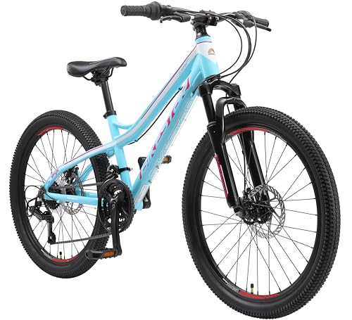 BIKESTAR Bicicleta de montaña de Aluminio Bicicleta Juvenil 24 Pulgadas de 10 a 13 años | Cambio Shimano de 21 velocidades, Freno de Disco, Horquilla de suspensión | niños Bicicleta Turquesa Blanco