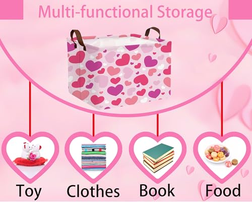 Image of Valentines Day Basket Large Foldable Heart Shaped Storage Box for Gifts Kids Empty Storage Bins Rectangular Toy Organizer Decor (Purple Pink White Love)