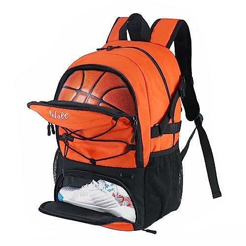 WOLT | Basketball Backpack Large Sports Bag with Separate Ball Holder & Shoes Compartment Best for Basketball Soccer Volleyball Swim Gym Travel (Orange)