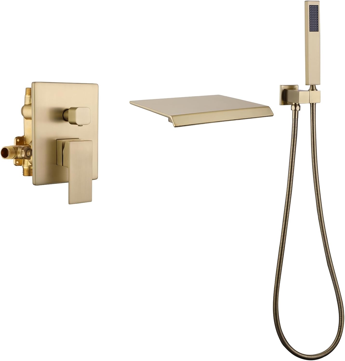 Taplong Wall Mount Tub Faucet with Waterfall Tub Spout Tub Faucet Set Wall Mounted Bathtub Faucet with Handheld Sprayer Brushed Gold Modern Bathroom Tub Filler Rough-In Valve Included-91266BG