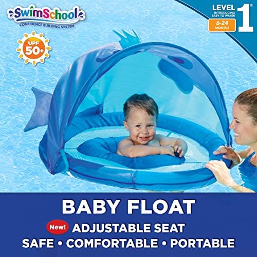 SwimSchool Blue Fun Fish Fabric Baby Pool Float, Splash & Play Activity Center, Dual Air Pillow Chambers with Retractable Canopy and Safety Seat, Baby Float, UPF 50, 6 To 24 Months, Blue