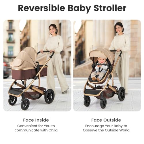 Image of INFANS 2 in 1 Baby Stroller, Folding Newborn Pram Convertible Bassinet for Infant Foldable High Landscape Shock Absorption with Reversible Seat Aluminum Structure for Pushchair (Khaki Upgrade)