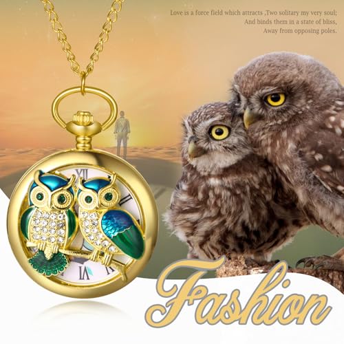 Image of Lancardo Gold Tone Pocket Watch: Vintage Owl Quartz Men Women Pocket Watch with Chain Halloween Christmas Valentines Day