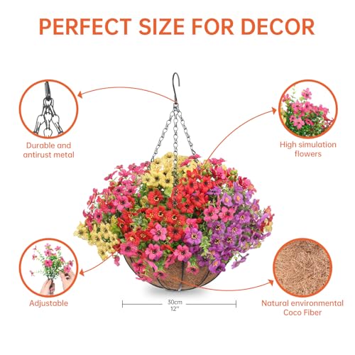 Artificial Hanging Flowers Basket, Fake Plants, Faux Silk Daisy Flowers, for Spring Summer Outdoor Decoration, UV Resistant, Coconut Planter, Look Real for Patio Garden Yard - Image 4