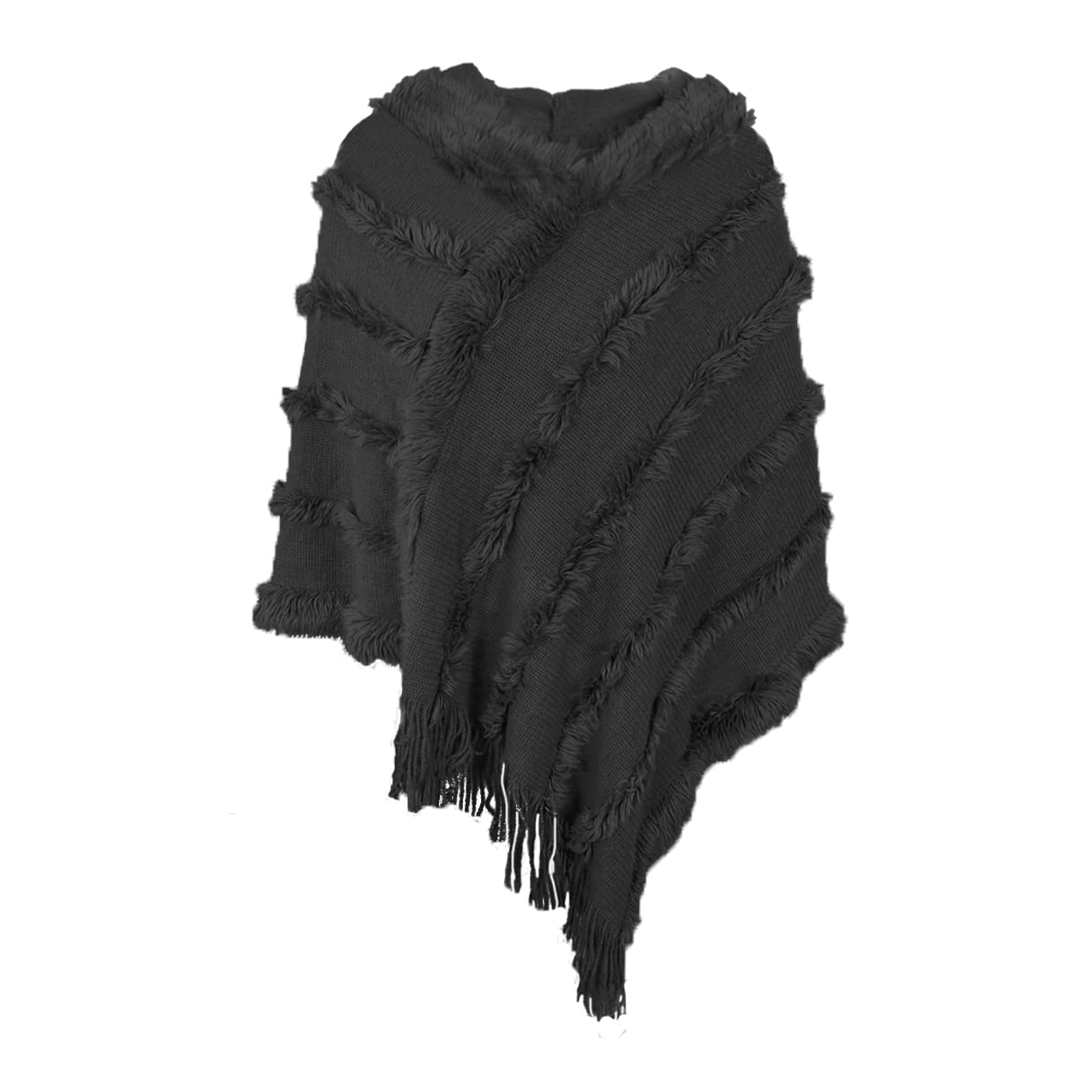 Elegante Maglione Poncho Donna Invernale Poncho con Cappuccio Mantella Scialle Uncinetto con Strisce di Peluche e Franges Scialle della Moda Monocromo Irregular Moda Giovane Top