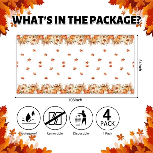 Image of ATFUNSHOP Fall Thanksgiving Tablecloth 4 Packs Plastic Disposable Table Cloth 54x108 Rectangle Table Cover with Pumpkin & Maple Leaf for Holiday Dinner Party Decorations Outdoor Picnic & Baby Showers