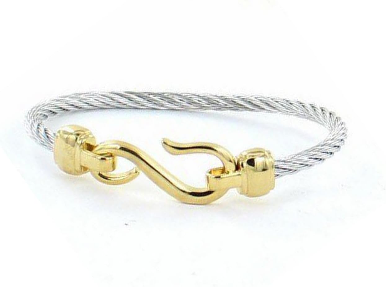 Two Tone Yellow Gold and Silver Stylish Trendy Twisting Cable Chain Bangle Bracelet, 316L Stainless Steel, Nautical S-Hook Closure, Standard 2.5" Inch