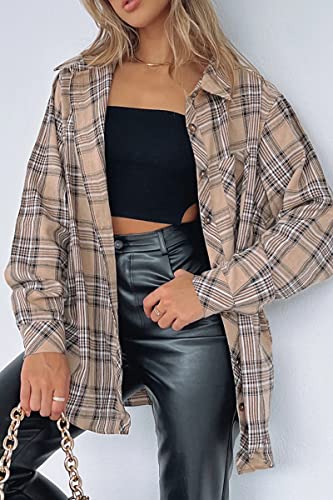 Image of CHYRII Womens Button Down Flannel Shirts Long Sleeve Plaid Shackets Business Casual Blouse Top