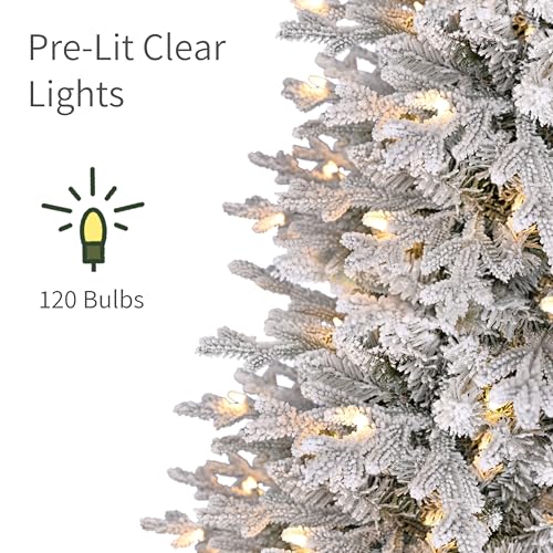 Puleo International 6ft Pre-Lit Potted Flocked Arctic Fir Pencil Christmas Tree with 120 Warm White Lights, 1325 Realistic Dense Snow Flocked Branch Tips, Easy Setup Artificial Trees with Sturdy Stand - Image 5