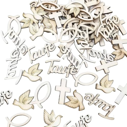 100 Pièces Décorations de Table de Communion - DéCoration de PremièRe Communion - Poissons en Bois avec DéCoration à Disperser Poisson, Croix, Colombe,...