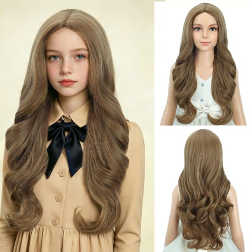 Image of PATTNIUM Kids Child Brown Wig Long Curly Wavy Light Brown Wigs for Girls Middle Part Shoulder Length Synthetic Wig with Wig Cap