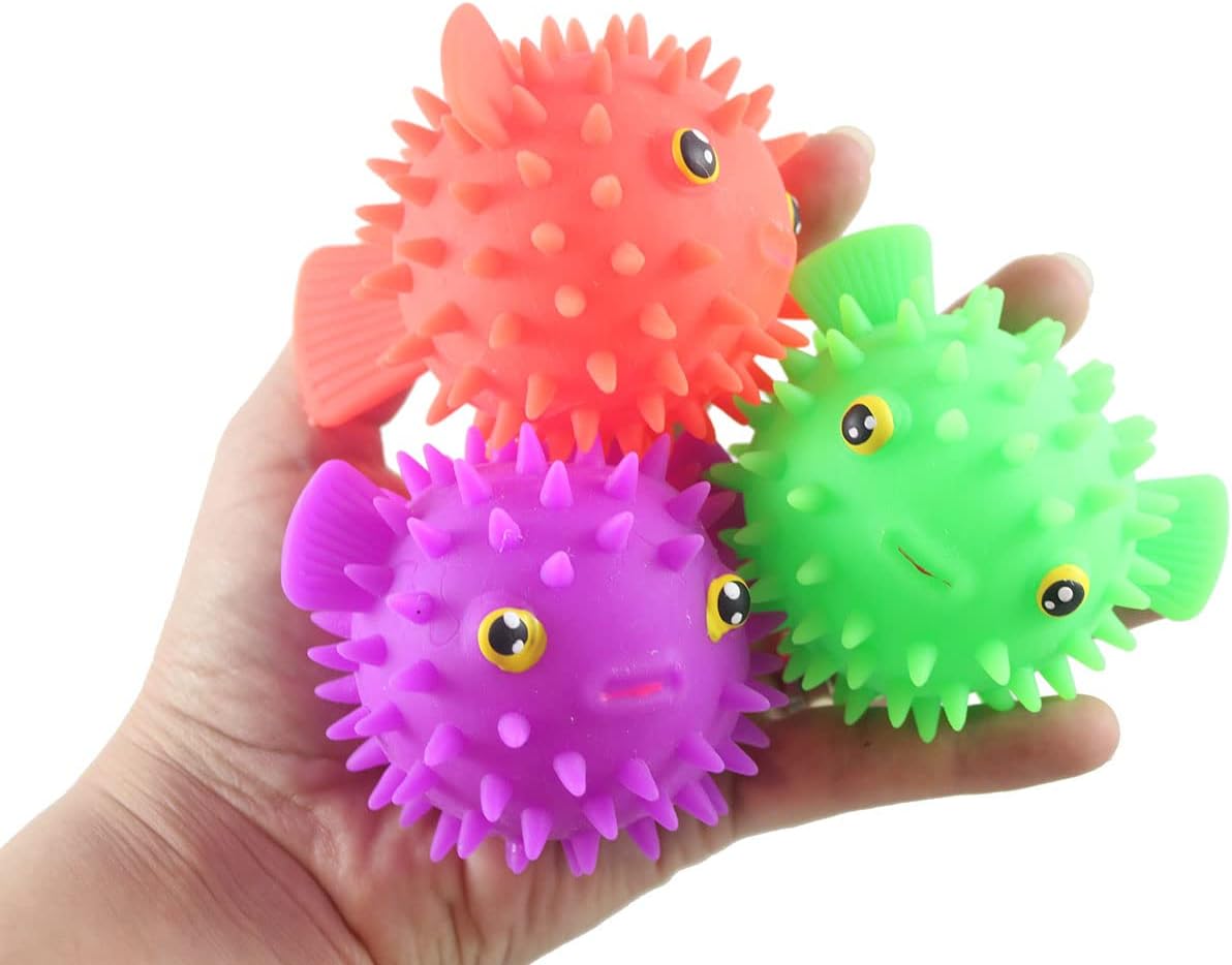 Set of 3 Puffer Fish Puffer Ball - Small Novelty Toy - Party Favors - Air Filled Sensory Fidget Toys (Random Colors)