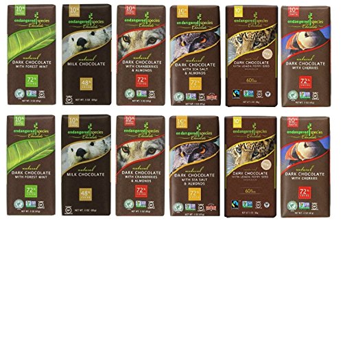 Endangered Variety Pack 6 Flavors (Pack of 12) (Dark Choc with Lemon , Dark Choc w Sea Salt & Almonds, Dark Choc w Cherry, Rain Forest Dark Mint, Wolf Dark Choc w Cranberry Almond, 48% Milk Choc)