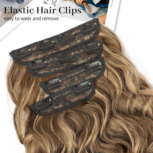 Image of Wavy Thick Hair Extensions 20 inch Medium Brown mix Caramel Blonde | 4 Pieces Clip in Extensions,Fiber Double Weft Hairpieces,Natural Volume,Wave Long Synthetic Highlight Hairpieces for Women