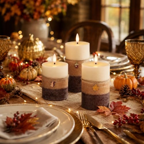 Image of Brown Fall Flameless Pillar Candles with Remote, 3 Pack Thanksgiving Decor