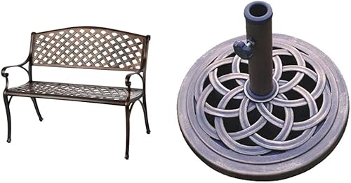Patio Sense 61491 Banco de patio de aluminio fundido, ligero, resistente, perfecto y DC America UBP18181-BR base de sombrilla de piedra fundida de