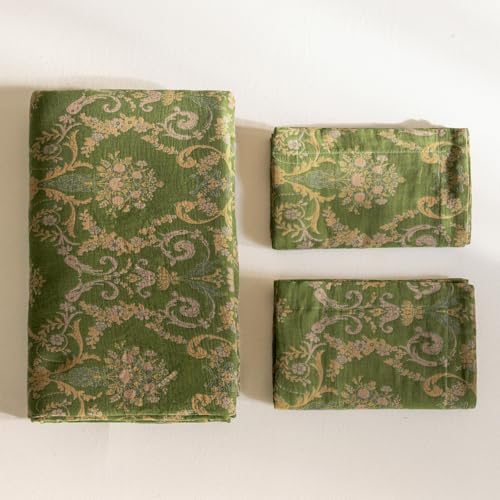 VM VOUGEMARKET Olive Green Duvet Cover Set King,Reversible Medallion Flower Print Bedding Set Linen Cotton Yarn-Dyed Textured Bohemian Duvet Cover with Zipper Closure