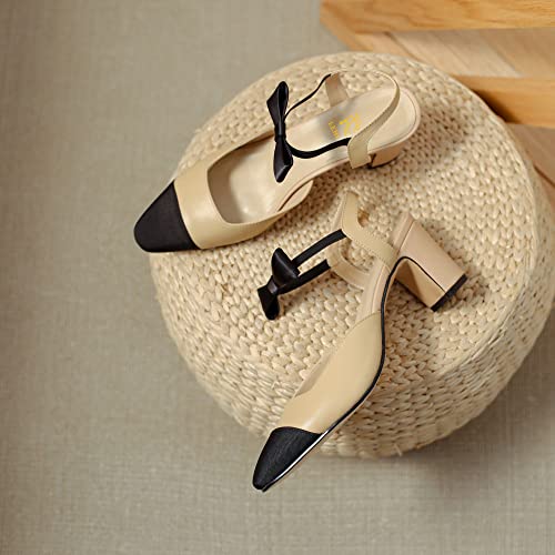 LEHOOR Chunky Heel Slingback Pumps Cap Toe Two Toned for Women, Mid Block Heel Almond Pointy Toe Sandals Quarter Strap Hollowed Backless D’Orsay Slip On Sandals Office Party Prom 5-13 M US2