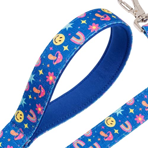 Image of Wag and Wilder Heavy Duty 5 FT Dog Leash for Large Dogs - Neoprene Padded Handle & Strong Metal Hook (Groovy Trails Blue)