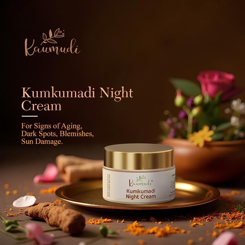 Kaumudi Kumkumadi Night Cream | For Women and Men | Made with Shata Dhauta Ghrita (100 Times Washed Ghee) & Kumkumadi Thailam | Handmade with Natural Ingredients | For Signs of Aging, Dark Spots, Blemishes, Sun Damage | Moisturize & Nourish | For Healthy, Glowing, and Clear Skin | All Skin Types | No Artificial Color | No Artificial Fragrance | Sulphate, Paraben & SLS free | 40 GM / 1.41 fl Oz