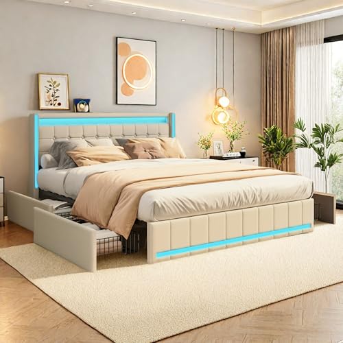 Dormely Lit Double 140x190 avec Coffre tiroirs 4, Lit LED avec USB & Type-C, Lits rembourré avec Sommier à Latte, Cadre Lits en Tissu Lin Beige pour Adultes et Ados,...