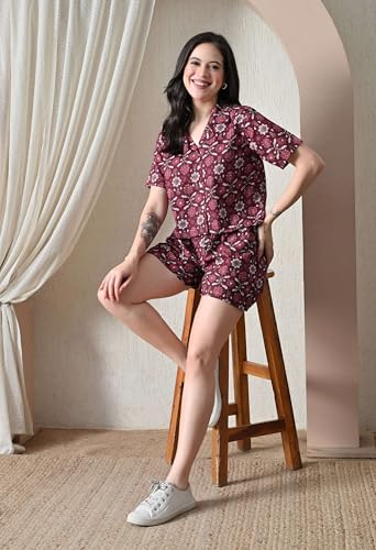 Image of Women Cotton Pajama Set Shirt & Shorts | Co-Ord Night Suit Soft Breathable Printed Sleepwear Lounge Wear Comfortable