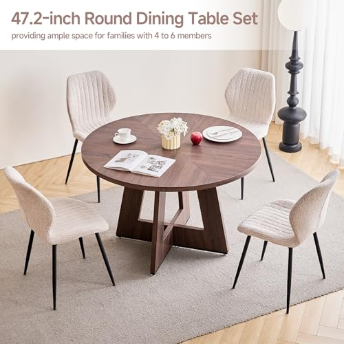 Image of 47 inch Round Dining Table Set for 4, Kitchen Table and Chairs | Wooden Cross Base, Boucle Fabric Chair, for Apartment