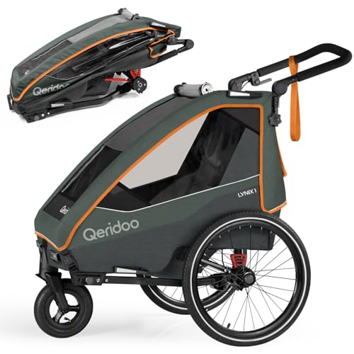 Qeridoo Lynix 1 Forest Green | Fahrradanhänger Kinder 1 sitzer | Fahrrad Anhänger Kinder mit Federung & Gurtsystem | Jogger Kinderwagen | Kinderfahrradanhänger klappbar | Kinderbuggy | Walker & Bike