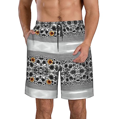 Short d'été décontracté noir et blanc à motif tournesols pour homme