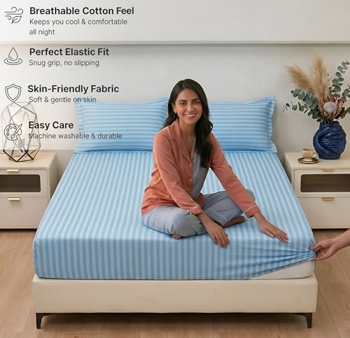Image of VAS COLLECTIONS Premium 210 TC Cotton Satin Striped Elastic Fitted Bedsheets with 2 Pillow Covers | Double Bed with All Around Elastic Supersoft | Size - 78x72+10 inches, Aqua