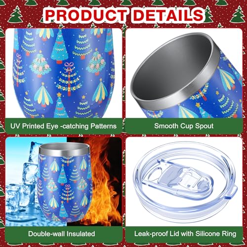 Sliner 12 Pack Christmas Wine Tumbler 12 oz Christmas Stainless Steel Wine Glass Gift Tumbler Cup with Straw and Brush Santa Elk Coffee Mug Holiday Gift for Xmas Party Favor(Snowy) by Sliner - Image 3